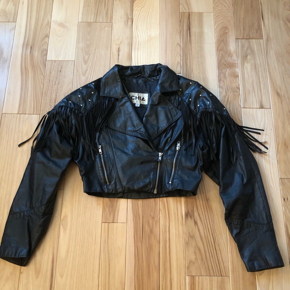 Vintage Jackets & Blazers - Vintage 80’s Leather Fringe Studded Cropped Black Moto Style Chia Jacket